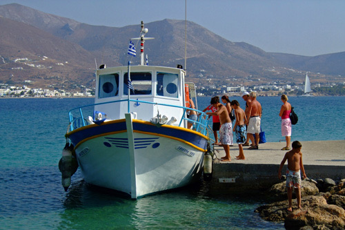 Taxi-boat jetty at Marcello beach with Parikia across the bay